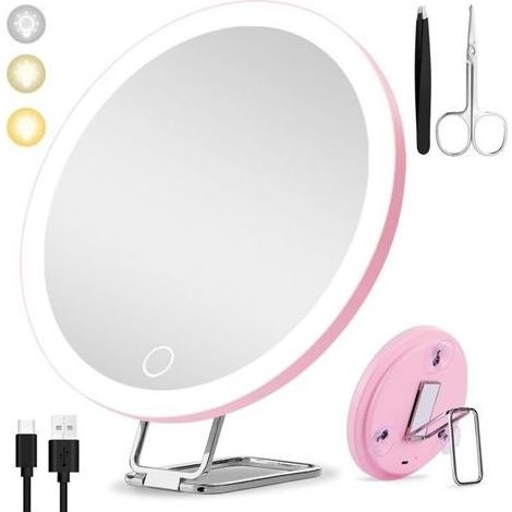 Mirror grossissant with light 30X, 15cm 3 Modes of Color Dimming Mirror of Makeup Bright 30X, Large Mirror Grossissant of Trip Rechargeable with 3 Cups and Bracket of Table 360° (1/5)