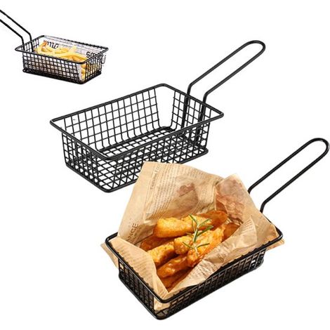 Lot de 2 paniers à frites - Panier de service - Panier à apéritifs - Noir - avec poignée - Plateau de service en métal pour frites, nuggets, amuse-gueules et en-cas - 16 × 10,3 × 5 cm Noir (1/5)