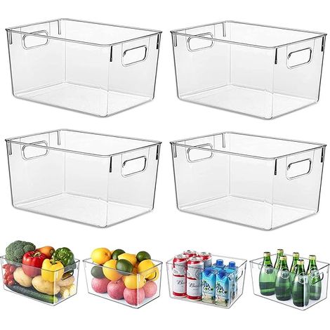 4er-Set Aufbewahrungsboxen mit Griffen für den Kühlschrank, robust und transparent – für Ordnung in Küche, Kühlschrank, Schrank und Bad – BPA-frei, 29,5 x 22 x 20,5 cm