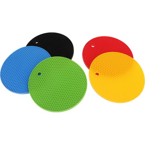 5 Pièces Dessous de Plat Ronds en Silicone 7 Pouces, Résistants à la Chaleur, Multicolores (Jaune, Noir, Rouge, Bleu, Vert) (1/5)