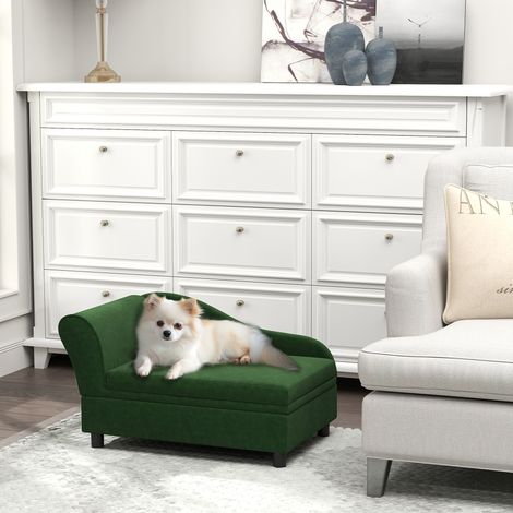 Divano per cani/gatti con gambe e vano portaoggetti, stile moderno, cuscino di seduta sfoderabile, 76 x 45 x 43 cm, verde. (1/5)