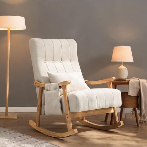 Fauteuil à bascule en bois et tissu avec coussin lombaire beige (1/5)