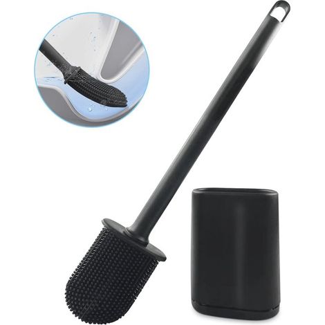 Juego de cepillos para inodoro - Cepillo para WC - Limpieza de baño - Cabezal de silicona flexible - Montaje sin taladros - Negro (1/5)