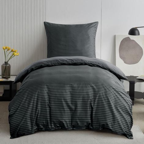 Bettwäsche-Set 155x220 cm gestreift Anthrazit mit Kissenbezug 80x80 cm, Mikrofaser, bügelfrei