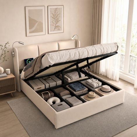 Lit coffre 160x200 avec sommier, tête de lit avec liseuse, port USB, lin, lit adulte capitonné - Beige