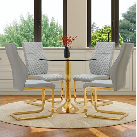 Ensemble table et chaises de salle à manger ronde 85 cm en verre trempé, moderne, pour 4 FloraGrace (1/5)