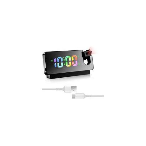 (Noir) Réveil avec projection, réveil miroir, avec affichage de la température et grand écran LED, rotatif à 180°, alimenté par USB, avec projection de plafond, chambre à coucher (1/5)