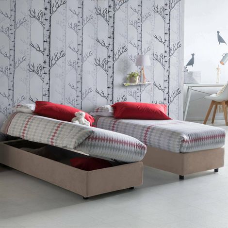 Talamo Italia Einzelbett Diana, Containerbett mit Stoffbespannung, 100% Made in Italy, Seitliche Öffnung, inklusive Matratze 80x190 cm, Turteltaube (1/4)