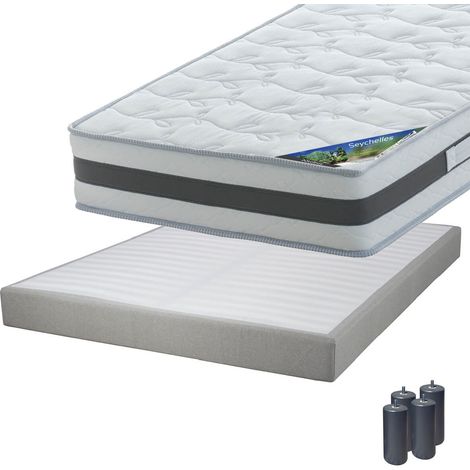 SEYCHELLES - Pack Matelas 140x190 + Sommier Tapissier Démontable 2x20 Lattes Lin + Pieds Anthracites 15cm (1/5)