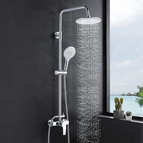 Colonne de Douche avec Mitigeur Douche Monocommande, Ensemble de Douche Réglable en Hauteur, Mitigeur Mécanique Système de Douche avec Tête de Douche Ronde 20CM et Douchette 3 Jets, Chromé (1/5)