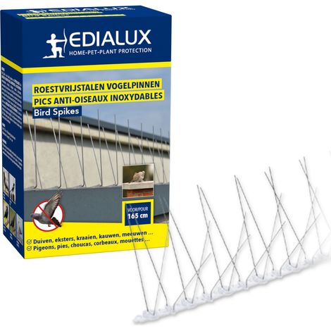 Edialux Pic anti pigeon en acier inoxydable 165 cm x 11 cm - protection oiseaux pour balcon gouttières fenêtres et cheminées, piques contre corbeaux piverts et pigeons, installation facile et durable (1/5)