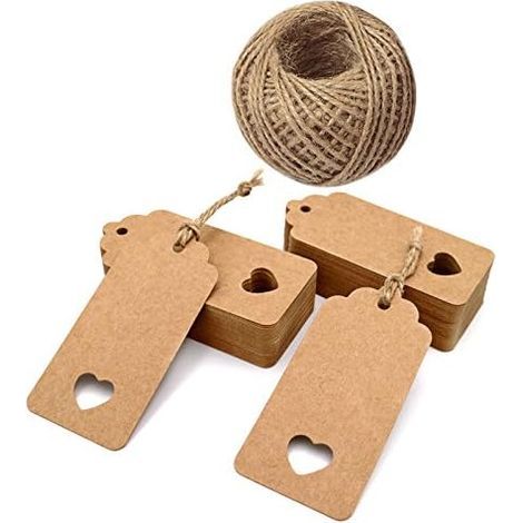 Packung mit 100 Kraftpapier-Anhängern, 9,5 x 4,5 cm, für Hochzeits-, Weihnachts- und Geburtstagsgeschenke sowie Gepäck, mit 30 m Juteschnur (braun) – Fei Yu (1/5)