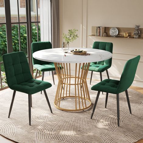 FLORAGRACE Ensemble table à manger 5 pièces avec 4 chaises en velours vert, table ronde 100 cm, plateau MDF blanc , pieds métal doré (1/5)