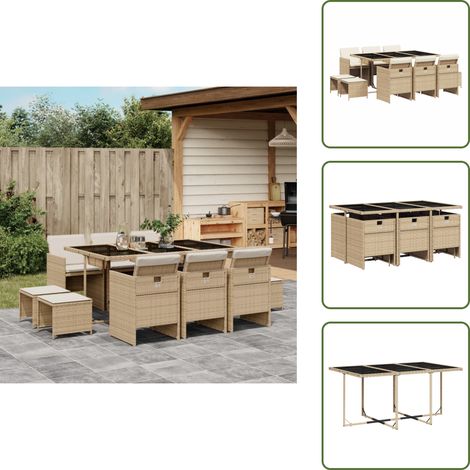 11-tlg. Garten-Essgruppe mit Kissen Beige Poly Rattan - Gartentisch - Gartenset - Outdoor Möbel - Gartenmöbel - Rattan Gartenmöbel