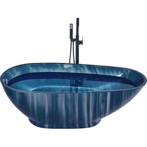 Beliani – Baignoire autoportante ovale en acrylique bleu marine effet marbre – Dimensions 170x80x58 cm – Capacité 178 litres – Finition brillante