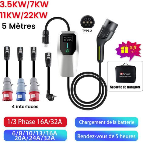 Câble de recharge Type 2 3.5-32A 22kW triphasé 5m portable pour Tesla BMW JUNSUN (1/5)