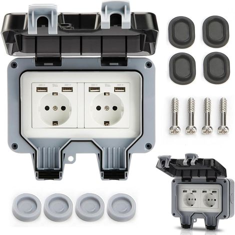 Herbst Prise extérieure IP66 étanche avec port USB 2 prises pour l'intérieur et l'extérieur avec couvercle rabattable (1/5)