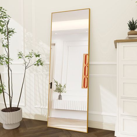 Specchio a tutta altezza da piè, 164x54 cm, con supporto, rettangolare, cornice in lega di alluminio, per soggiorno e camera, dorato (1/5)