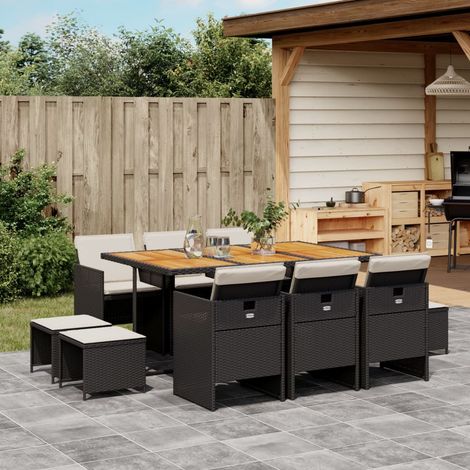 Set de comedor jardín 11 pzas con cojines ratán sintético negro vidaXL
