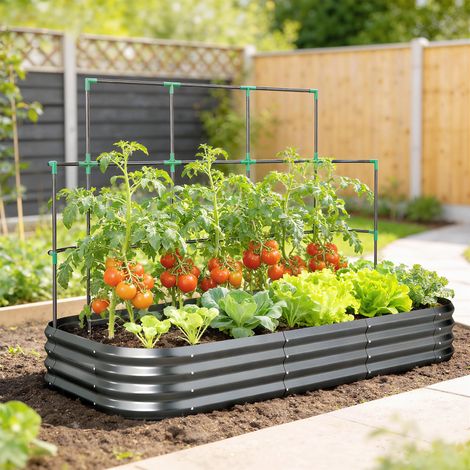 Jardinière surélevée avec treillis, bac à fleurs en métal avec rebord de protection, gants, 220 x 110 x 150 cm, gris foncé (1/5)