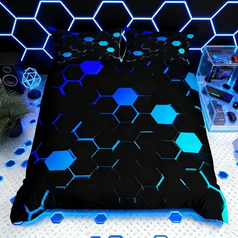 Parure de lit hexagonale 3D en nid d'abeille pour enfant - Taille S - Bleu fluo - Bleu clair et noir - Jeux vidéo - Housse de couette - Housse de couette moderne - Géométrie - 1 taie d'oreiller (1/5)