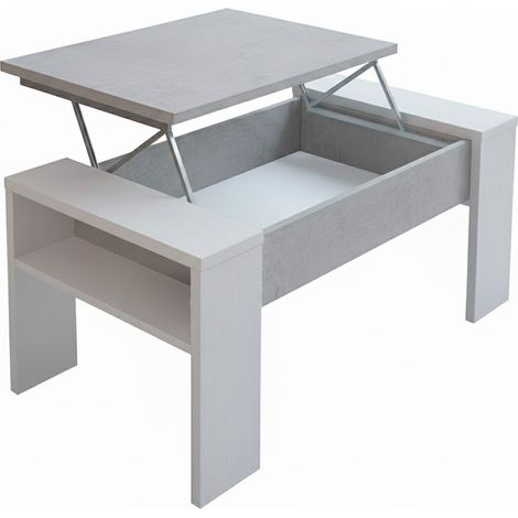 Tavolino Da Salotto Trasformabile Con Piano Sollevabile E Vano Contenitore Tavolo Contenitore Moderno Per Living Soggiorno Smart Working 98 x 50 x 43 cm Colore Bianco E Grigio Cemento