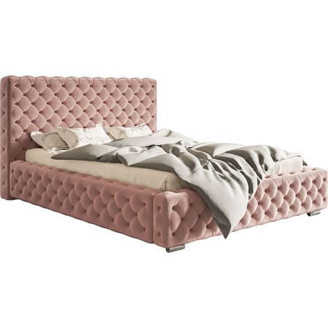 Emporius – Lit double 160x200 cm Adonis – Tissu velours rose ignifugé – Coffre de rangement intégré – Design glamour avec pieds chromés