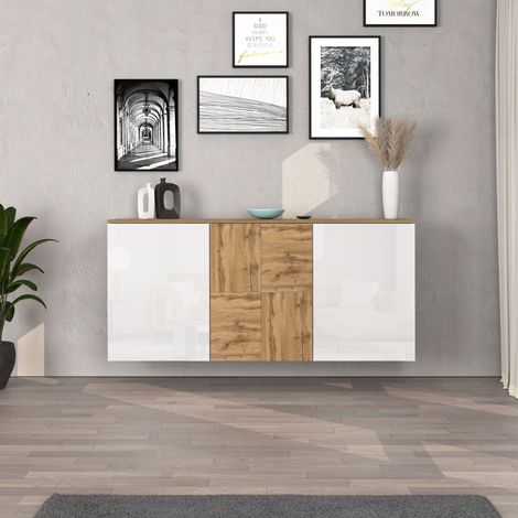 WHOUS Credenza sospesa Iseo con 3 ante e 6 scomparti interni bianco lucido e rovere 150x35x70 cm (1/5)