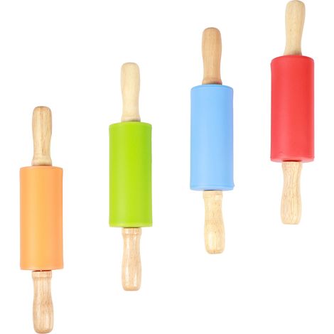 Ensemble de 4 mini rouleaux à pâtisserie en silicone avec manche en bois, rouleau à farine en silicone, rouleau à pâtisserie pour la pâtisserie maison. (1/5)