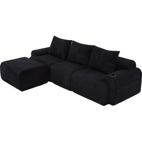 Canapé modulaire 3 places avec repose-pieds, en velours côtelé noir, avec porte-gobelet et poche de rangement latérale (1/5)