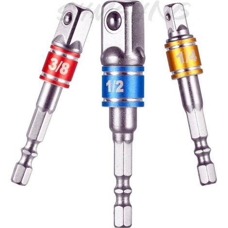 Adaptateurs Porte Douilles sur Perceuse/Visseuse à Choc. Lot de 3 Adaptateur Mandrin pans Carré 1/4", 1/2", 3/8" en Chome Vanadium (1/4)