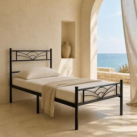 Struttura Letto Singola In Acciaio Al Carbonio Rete A Doghe Metalliche Con Decorazione Per Cameretta Stanza Ospiti Design Elegante Minimal 207 X 97 X 88.5 Cm - Colore: Nero (1/5)