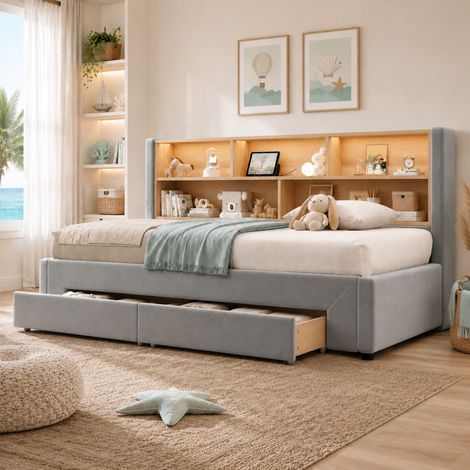 Cama extensible 90x200 cm con 2 cajones, USB y LED, terciopelo gris HAVRYA (1/5)