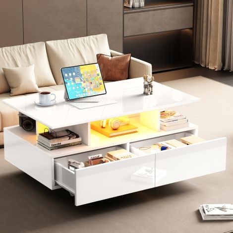 Table basse moderne haute brillance — Dotée d'un éclairage LED et de deux tiroirs  table d'appoint de rangement élégante, avec une capacité de charge allant jusqu'à 30 kg.