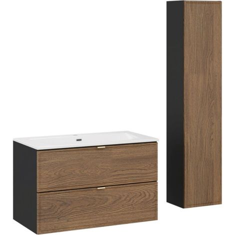 Set da bagno SAVIA: mobile sotto lavabo 80cm + lavabo incassato bianco + colonna contenitore