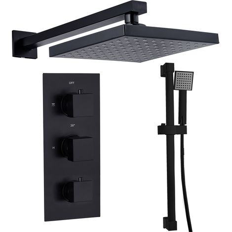 Square Twin Head Wall Concealed Thermostatic Shower Valve Set with Riser Kit - Black