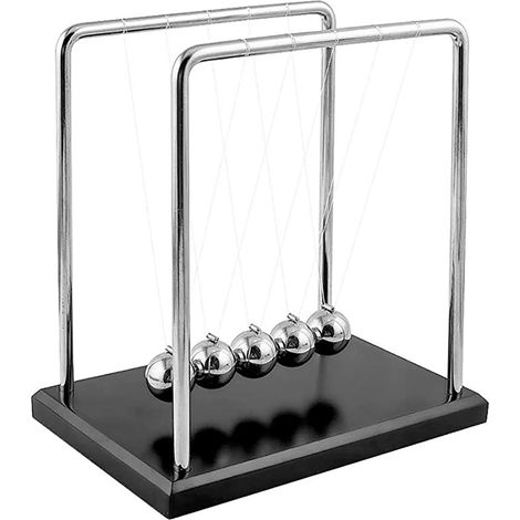 Newtons Wiege – Kugelspiel – 5-Kugel-Pendel – Kugelpendel für den Schreibtisch – Hohe Newtons Wiege auf Holzsockel, Newtons Wiege mit Rahmen und hochwertigen Stahlkugeln