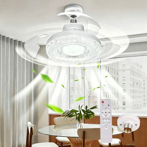Fuleadture Ventilateur de plafond lumineux en cristal, avec télécommande et douille E27, lumière tricolore, montage au plafond, convient pour la chambre, la salle à manger, le salon