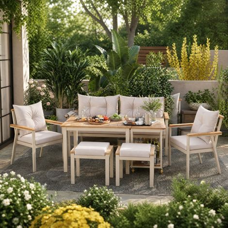 Salotto da giardino 6-7 posti in acacia, con carrello rimovibile, beige DESVIAE (1/5)