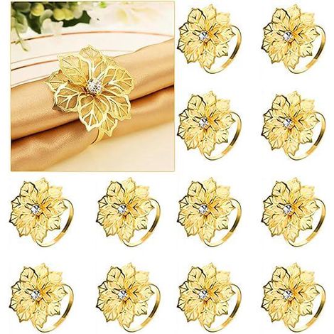 Lot de 12 ronds de serviette en métal ajourés en forme de fleur, ornés de strass, pour mariage, banquet, Noël et décoration de table (dorés). (1/5)
