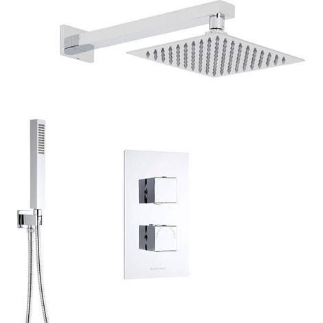 Hudson Reed – Colonne de douche thermostatique encastrable – Mitigeur en laiton chromé – Pomme haute carrée 30cm – Flexible 175cm – Sécurité anti-brûlure