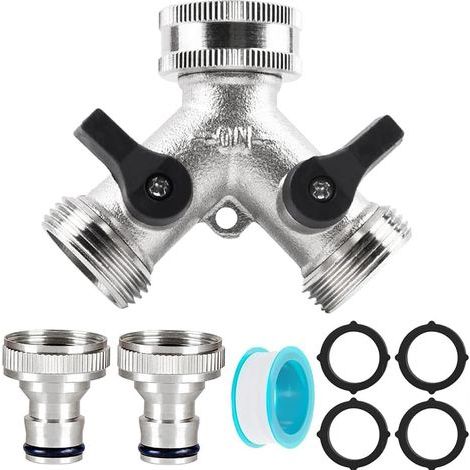 Ortviai Distributeur d'Eau Double Sortie 2 Voies 3/4" - Robinet Double Machine à Laver avec Interrupteurs Indépendants - Répartiteur en Y en Métal avec 2 Raccords Rapides et 4 Joints - Argent (1/5)