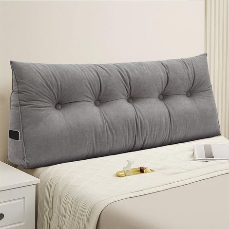 Wedge Lumbar Pillow Large Headboard Triangular Reading Pillow for Bed Sofa Ergonomic Backrest Support Cushion with Removable Cover Side Pocket Headboard for Relaxing Reading Gaming (Gray, 2M) (1/5)