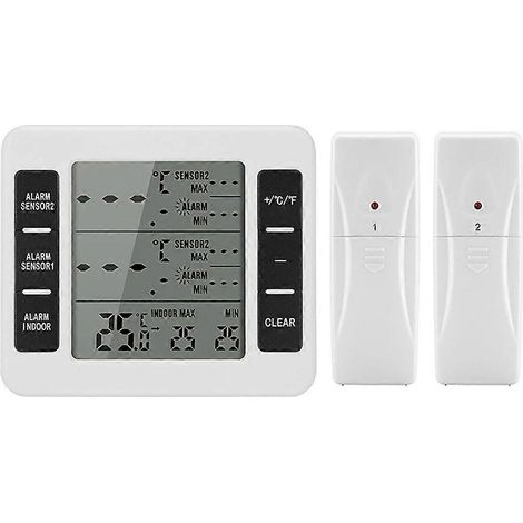1 thermomètre sans fil pour congélateur, 2 capteurs déportés, alarme de basse température, thermomètre pour réfrigérateur et horloge. (1/5)