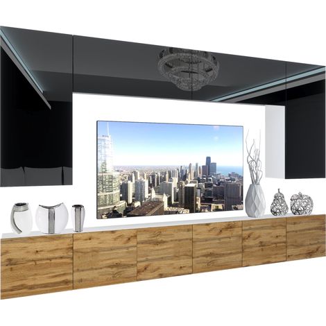 BELINI - Unité Murale TV NEX I Ensemble Muebles de Salon Complet I Ensemble Meuble TV avec Illumination LED I Dimensions: 300 x 180 x 36 cm I Coleur: Noir très Brillant/chêne wotan 1 (1/5)