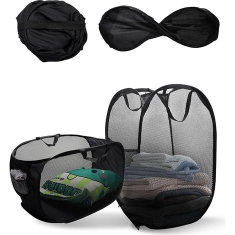 Panier à Linge Pliable Noir Grand Sac Linge Sale Poignées Corbeille à Linges Maille Respirante Sac à linges Sale Voyage Salle de Bain Chambre Panière Portable (1/5)