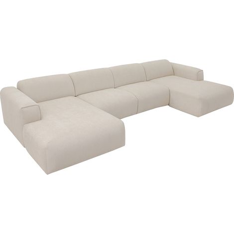 Canapé d'angle panoramique convertible express en tissu beige - Couchage 140 cm -  Matelas 13 cm mémoire de forme POGNI