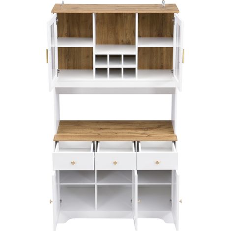 Buffet en MDF bois blanc grainé 94,5 x 30 x 175,5 cm avec portes vitrées pour salon et salle à manger (1/5)