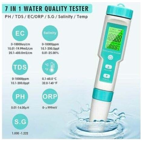 Testeur de pH numérique, 7 en 1 Ph/tds/ec/orp/sg/salinité/température avec ATC, résolution 0,01, testeur de type stylo de haute précision, testeur de qualité de l'eau avec rétroéclairage (1/4)