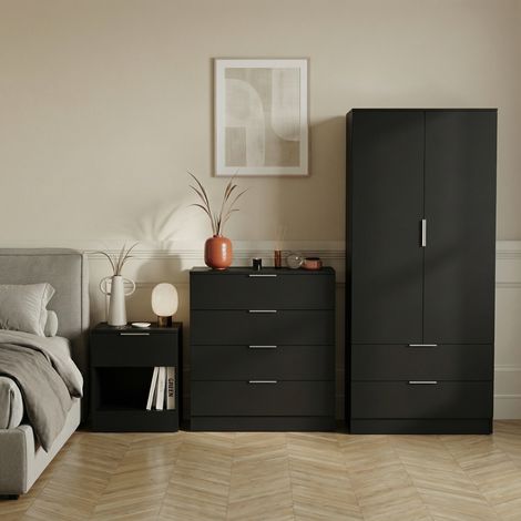 Trega 3pc Bedroom Furniture Storage Set – Bedside, 4 Drawer Chest & 2 Door Wardrobe, Black